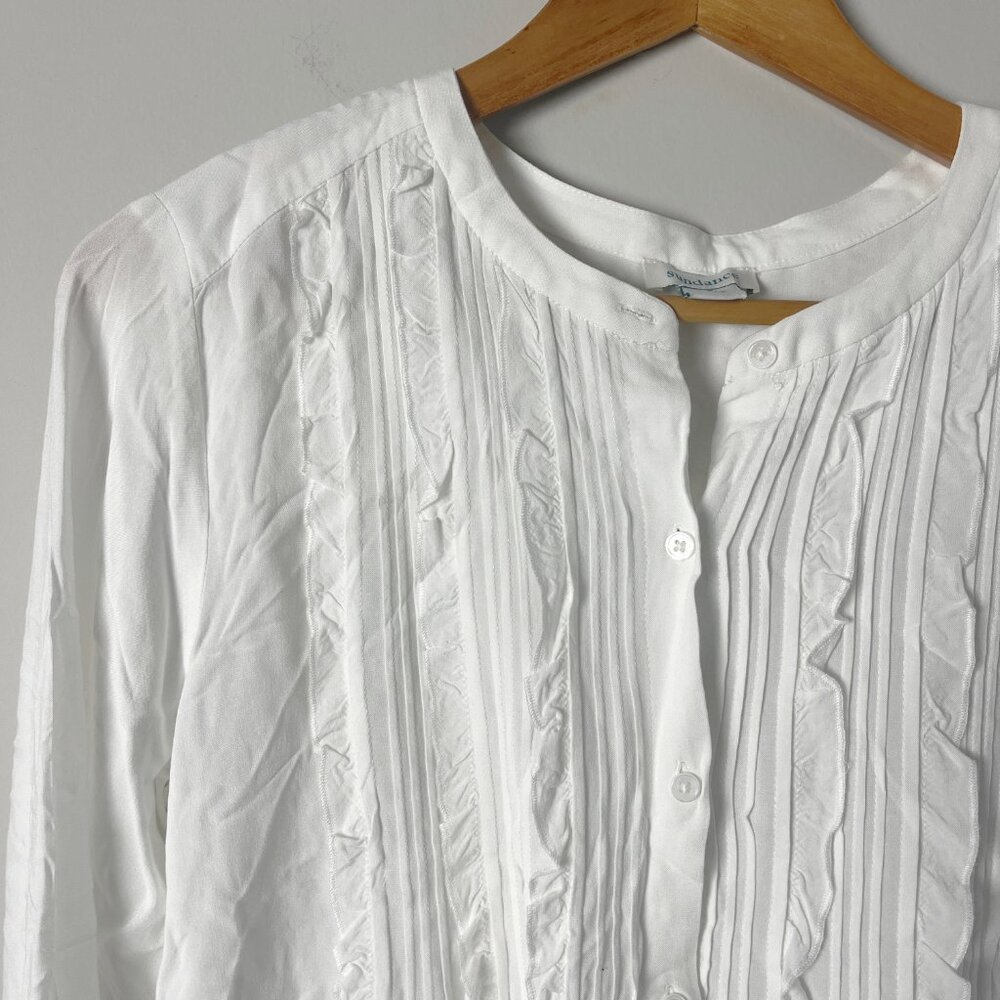 2/$30 Sundance Ruffle Crew Neck Long Sleeve Button Down Top Small White - Picture 3 of 6